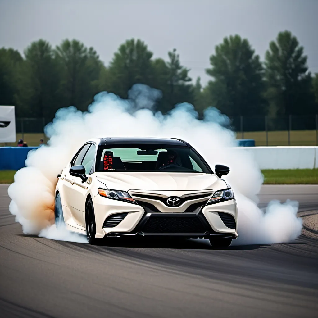 Prompt: A toyota camry smoging our and drifting