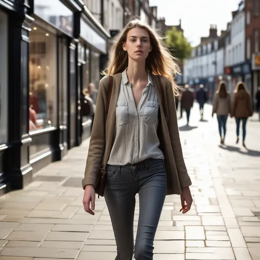 Prompt: Tall young woman walking down the high street, detailed clothing, realistic, natural lighting