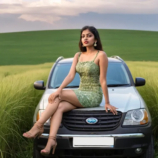 Prompt: a Indian women in bodycon dress sitting on the hood of a car in a field of grass with a sky background