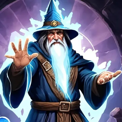 Prompt: generate an image for dnd 5e showing a wizard with a frown and with his right hand indicating stop. the wizard should be middle aged. the palm of the right hand should be facing the viewer indicating they shoudl stop. make the wizard younger. wizard should have 4 fingers and a thumb on each hand.

