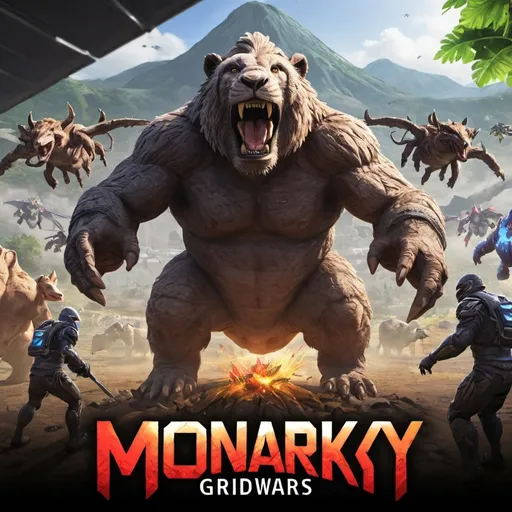Prompt: An advertisement for an event called monarky gridwars in a video game call ARK survival ascended