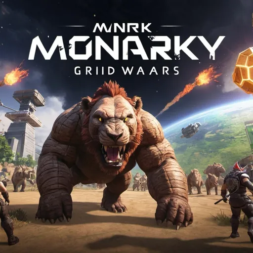 Prompt: An advertisement for an event called monarky gridwars in a video game call ARK survival ascended