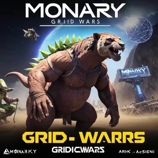 Prompt: An advertisement for an event called monarky gridwars in a video game call ARK survival ascended