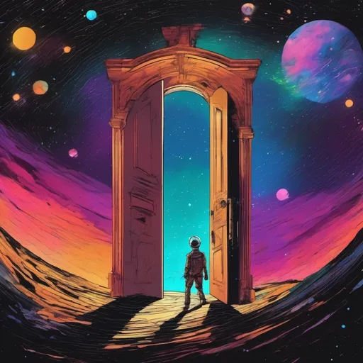 Prompt: fantasy space illustration. lone figure, mad scientist, standing on the curve of a desolate planet ,opening a door into the universe . the door is forced perspective. iside the door is a glimpse of the stats,planets and galaxies