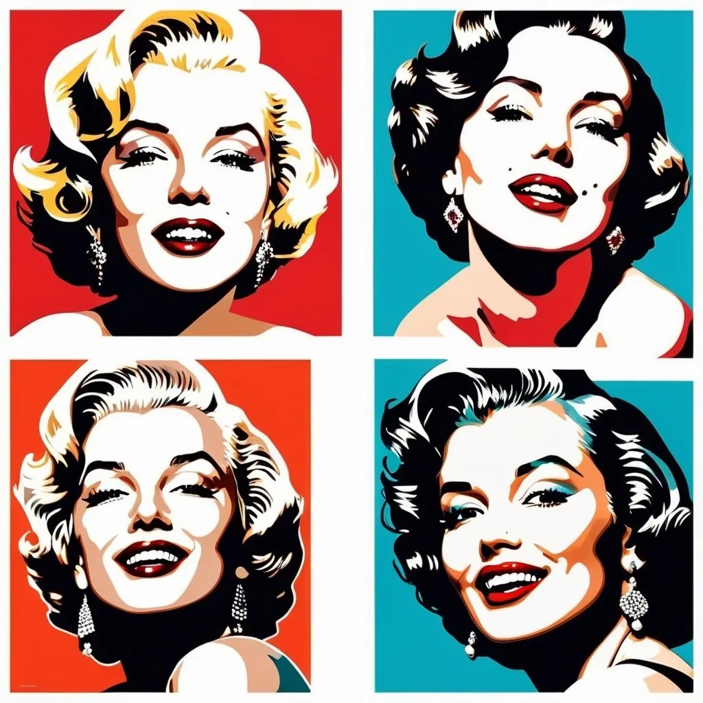 Prompt: Vietnamese Woman with bright red lips like Marilyn Monroe, conceptual, in the style of modern pop art print illustration, Four different profiles: front ,left,ride and upward gaze. prints in a square format, very bright colors, geometric forms, 1960s, different poses of laughing
