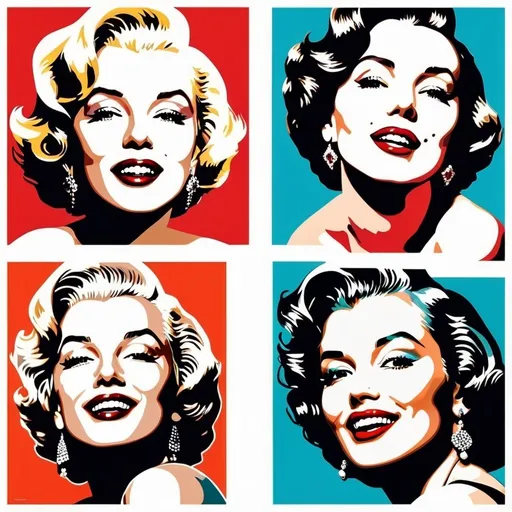 Prompt: Vietnamese Woman with bright red lips like Marilyn Monroe, conceptual, in the style of modern pop art print illustration, Four different profiles: front ,left,ride and upward gaze. prints in a square format, very bright colors, geometric forms, 1960s, different poses of laughing
