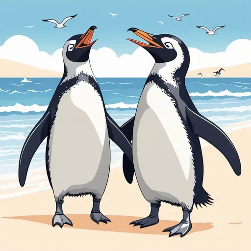 Prompt:  Two penguins holding flippers doing a happy dance on a white beach with blue sea in background, laughing seagulls, nautical theme flat illustration, cartoon, vector illustration