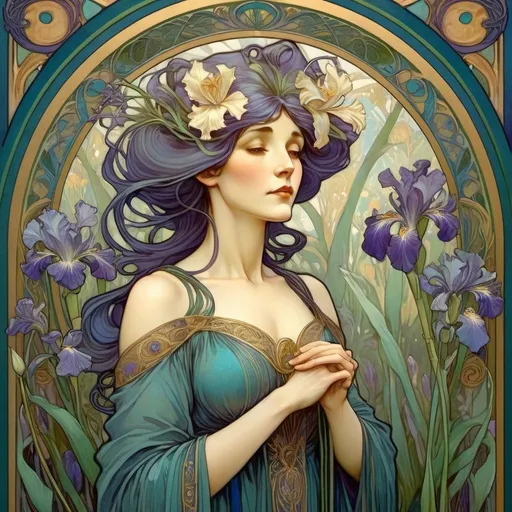 Prompt: Alphonse Mucha Style, art nouveau illustration of a mature wise women, serene in knowledge. Women is standing in a garden of irises admiring the blooms, intricate archway frames the central figure. thick lines, intricate botanical details, beautiful colours of indigo, gold, greens and blues. nature inspired