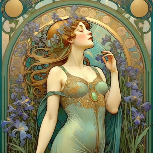 Prompt: Alphonse Mucha Style, art nouveau illustration of a Pious full body woman,women is standing in a garden of irises admiring the blooms, around her head is a golden halo. there are swallows in the blue sky. thick lines, intricate botanical details, beautiful colors of green and blues. nature inspired