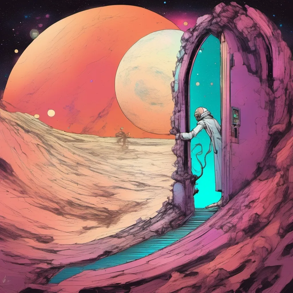 Prompt: fantasy space illustration. lone figure, mad scientist, standing on the curve of a desolate planet ,opening a door into the universe . the door is forced perspective. iside the door is a glimpse of the stats,planets and galaxies