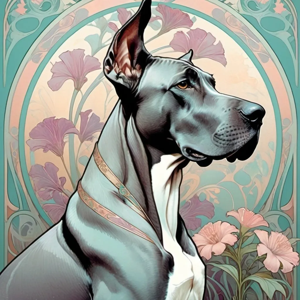 Prompt: “Graphic illustration in the Art Nouveau stle .A side view portrait of a regal Great Dane dog The Dane should have a soft grey coat, with an intelligent demeanour . The Dane is seated in a botanical setting with floral motifs in the style of Alphonse Mucha poster. colour s of turquoise, mauves and soft pastels 