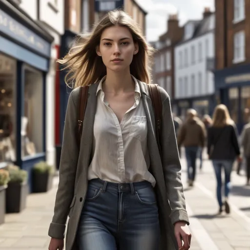 Prompt: Tall young woman walking down the high street, detailed clothing, realistic, natural lighting