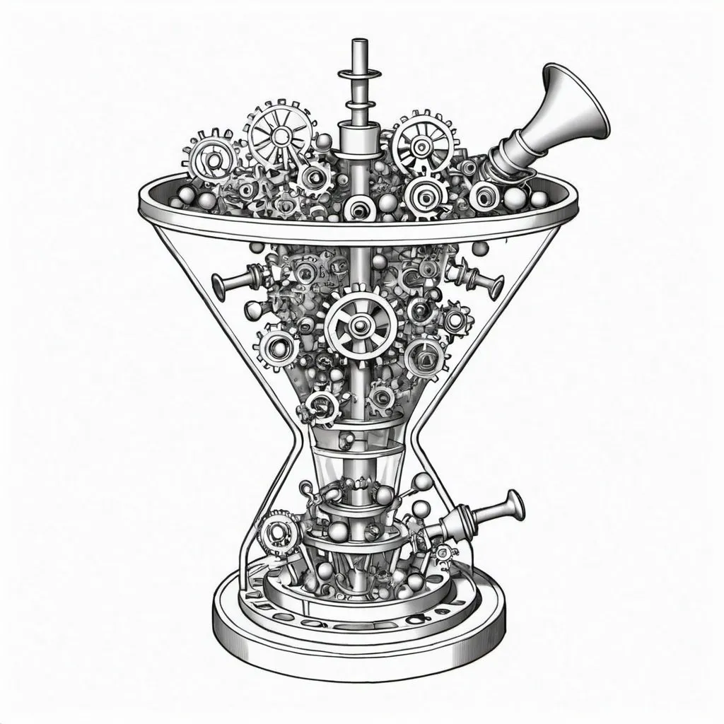 Prompt: Side view of a funnel filled with small balls.  Underneath the funnel's spout is a vertical clockwork gear.  The clockwork gear has 21 teeth.  The teeth at the top of the gear have a ball falling into them.
