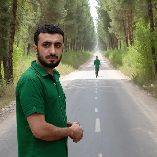 Prompt: a man in a green shirt standing on a road in the middle of a forest with trees on both sides of the road, Abdullah Gërguri, dau-al-set, green, a picture