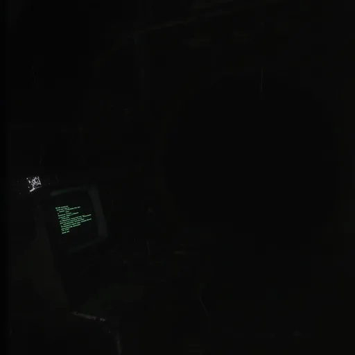 Prompt: **Cinematic photo of a derelict control room in a forgotten Cold War bunker from the 1970s, the room is almost pitch black, the only light is a faint, dim glow from a single, dark CRT monitor, the screen is barely visible and displays very faint green text, the weak light barely illuminates the immediate surroundings, the air is heavy with thick dust, consoles are decaying and covered in cobwebs and grime, peeling paint and rust are visible on the equipment, a sense of deep neglect and a forgotten project slowly coming back to life, photorealistic, extremely dark, oppressive atmosphere**