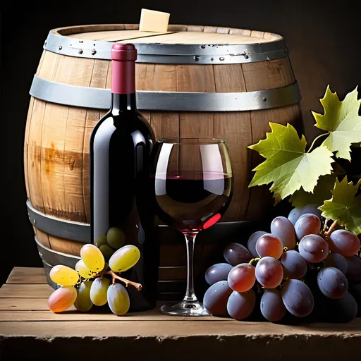 Prompt: Barrel of wine, with a cluster of grapes and a glass full of wine

