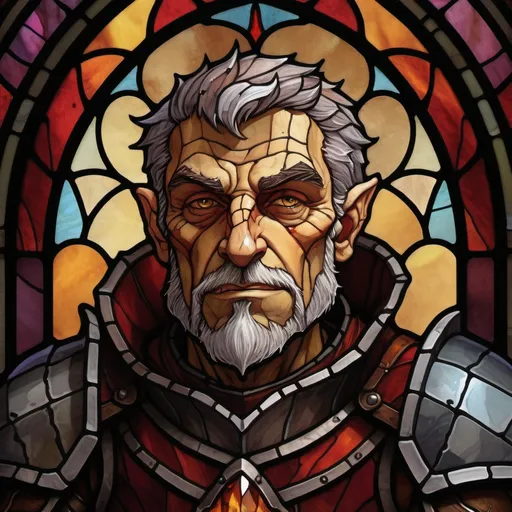 Prompt: robust old hobgoblin, paladin armor, grey hair, dark red face, calm expression, scars, no beard 