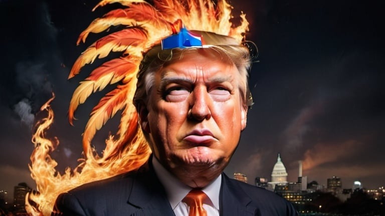 Prompt: Phoenix rising from the ashes with Donald Trump's head, fiery orange and red feathers, soaring over Washington DC skyline, energizer bunny orange, intense flames, detailed facial features, high quality, surrealistic, vibrant color palette, dynamic lighting, powerful symbolism, dramatic composition