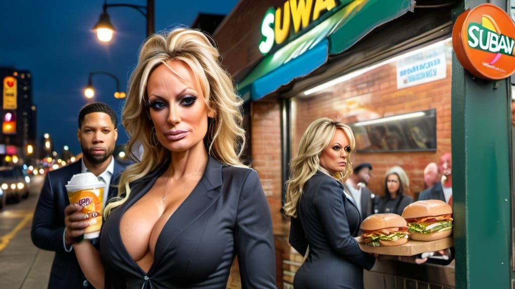 Prompt:  Stormy Daniels, Jussie Smollett is in the background sort of hidden
, outside Subway restaurant, Subway sign sandwich in bag, realistic oil painting, detailed facial expression, urban modern setting,  high quality, realistic, modern attire, city lights, atmospheric lighting, add noose, rope and add bleach bottle
 

