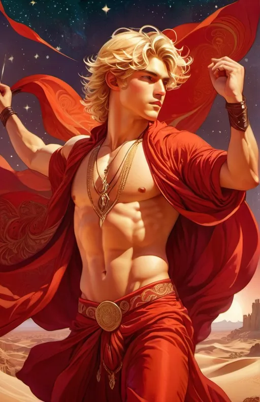 Prompt: illustration of handsome blonde boy, belly dancing, flowing red robes with intricate patterns, ancient desert in the background, hot and warm atmosphere, at night, fantasy, flowing robes, detailed design, powerful expression, enchanting lighting, captivating, dual swords, high quality
