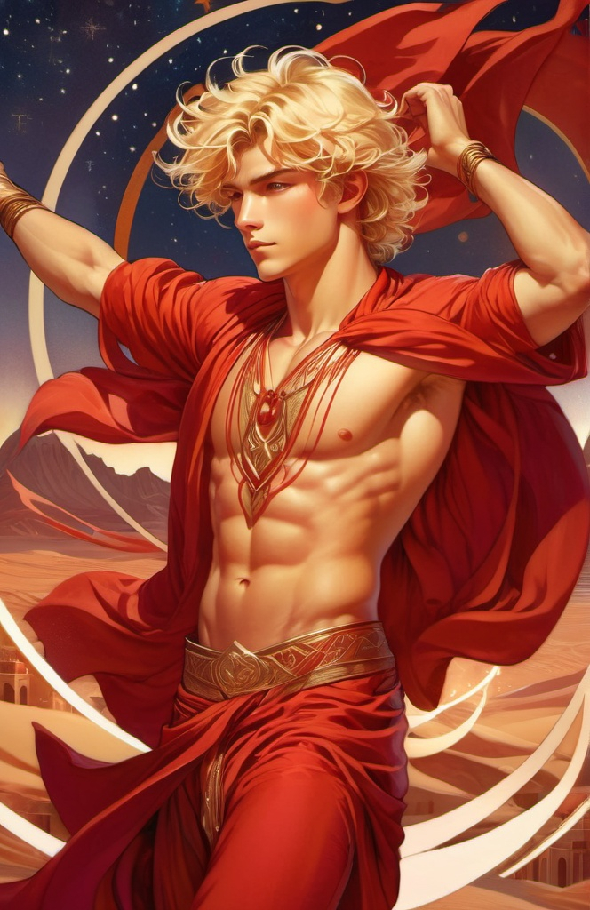 Prompt: illustration of handsome blonde boy, belly dancing, flowing red robes with intricate patterns, ancient desert in the background, hot and warm atmosphere, at night, fantasy, flowing robes, detailed design, powerful expression, enchanting lighting, captivating, dual swords, high quality
