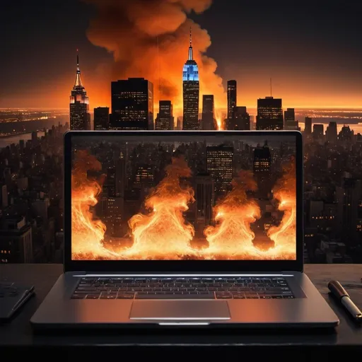 Prompt: This is a podcast cover: 
In the foreground, a sleek modern laptop is engulfed in flames, emitting billowing clouds of smoke. The flames dance wildly, licking the edges of the device, casting an ominous glow on its surroundings. The laptop's screen flickers with glitchy patterns as the fire consumes its components.

In the background, the iconic skyline of New York City rises majestically against the evening sky. Skyscrapers stretch towards the heavens, their windows aglow with the warm hues of city lights. The silhouettes of buildings create a striking contrast against the fiery chaos in the foreground.

As the scene unfolds, the flames seem to pulse with an unnatural energy, casting eerie shadows on the surrounding landscape. Sparks fly into the air, scattering like tiny fireworks against the backdrop of the cityscape.

The entire scene is animated, with the flames flickering realistically and the skyline twinkling in the distance. The juxtaposition of destruction and urban beauty creates a sense of tension and intrigue, inviting viewers to ponder the significance of the fiery spectacle amidst the bustling metropolis.