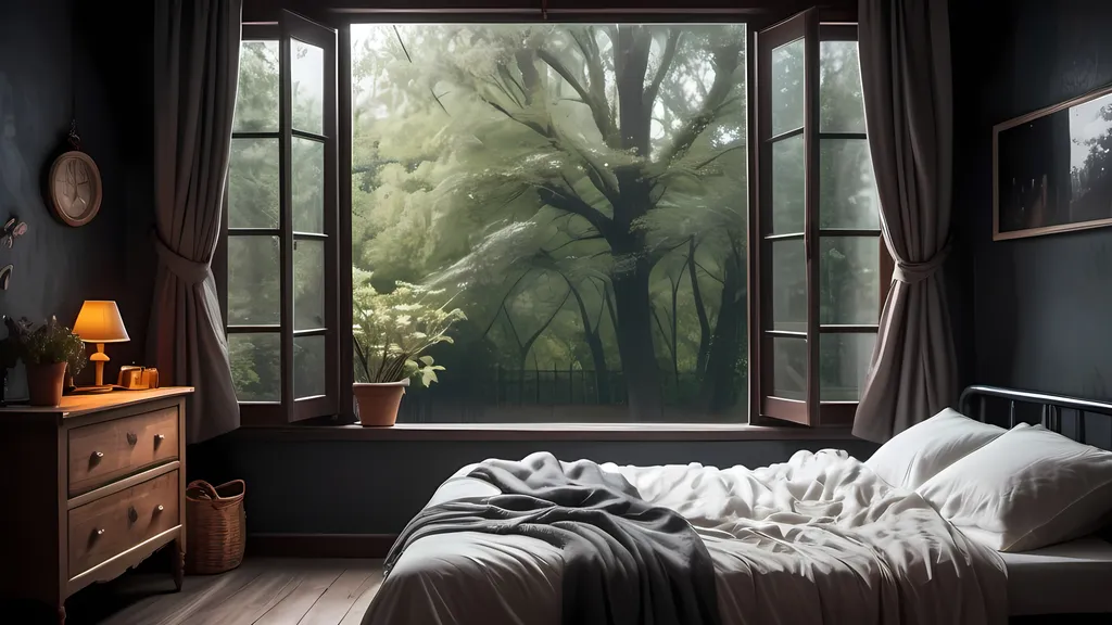 Prompt: Cozy room with a bed, outside are trees, it's raining, vintage European color tone, gloomy dark space style, dark room. real photo, little light enters the room, only one window