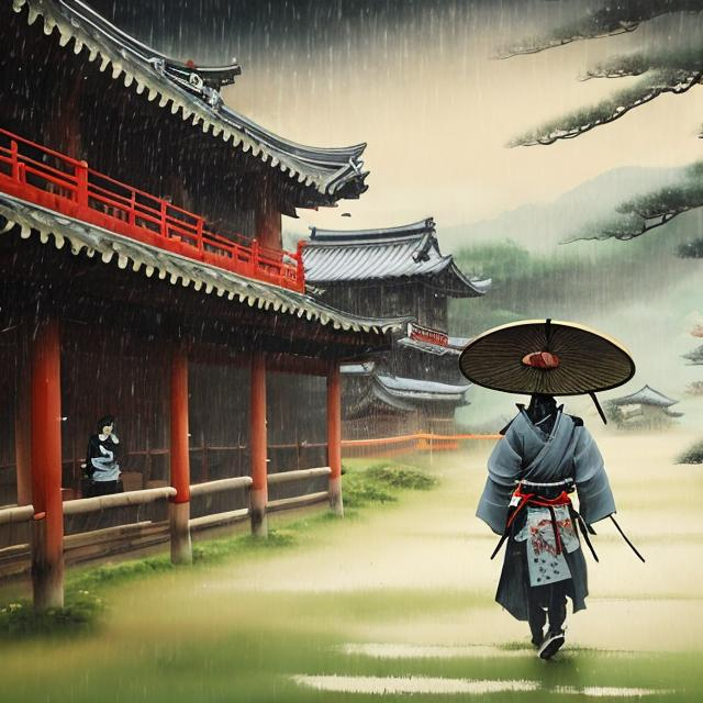 Prompt: a japanese style painting samurai in a rainy farm