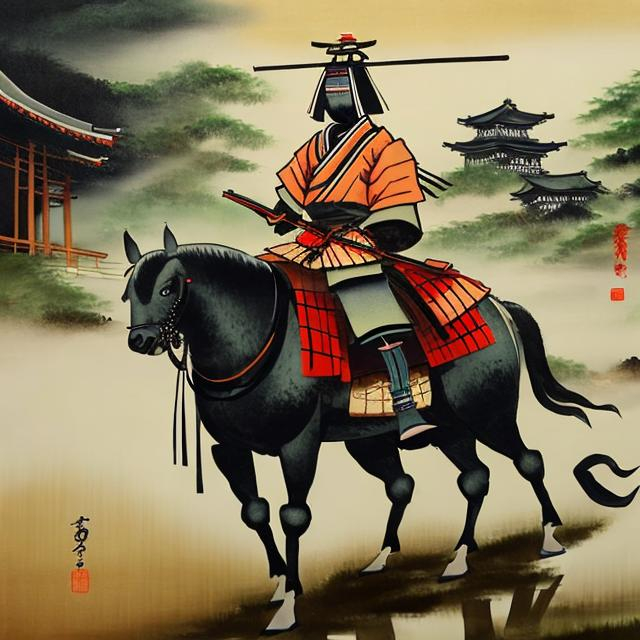 Prompt: a japanese style painting samurai in a rainy farm