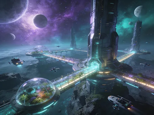 Prompt: Slow sweeping aerial shot of a massive futuristic space colony on a distant exoplanet. Gigantic metallic towers rise from a rocky alien landscape, interconnected with glowing skybridges and transparent biodomes filled with exotic vegetation. Hovercrafts and drone shuttles glide smoothly between platforms as soft plasma lights pulse along the colony’s infrastructure. Multiple moons and a vibrant nebula illuminate the sky with shifting purple and teal hues. Dynamic camera movement with smooth parallax, cinematic atmosphere, volumetric lighting, ultra-detailed textures, realistic reflections, widescreen sci-fi film style.
