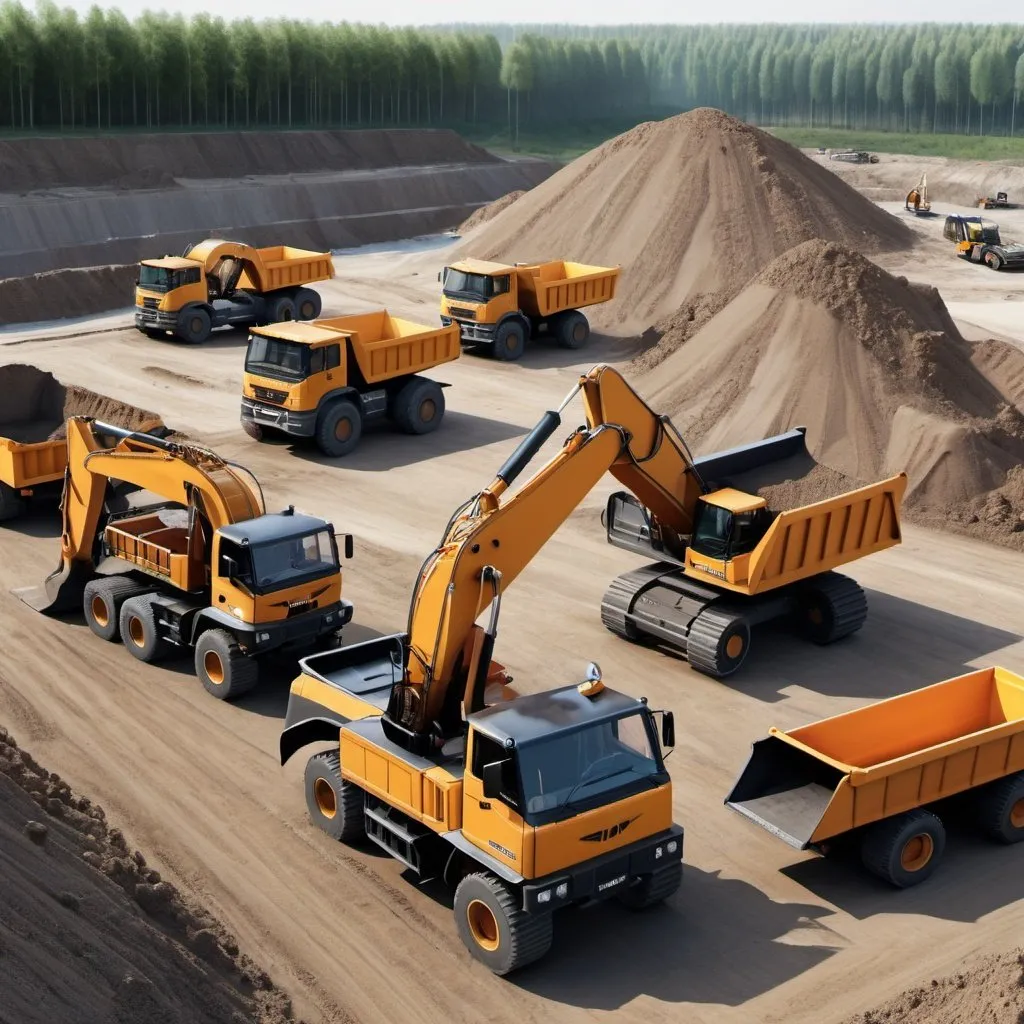 Prompt: Visualization of an excavator and multiple dump trucks working in perfect harmony on a construction site