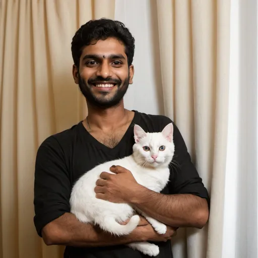 Prompt: a man holding a white cat in his arms and smiling at the camera with a curtain behind him and a curtain behind him, Anthony Devas, samikshavad, jayison devadas, a picture
