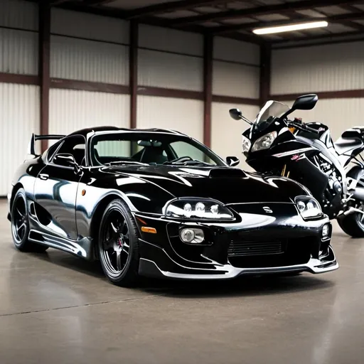 Prompt: black supra near a motor cycle