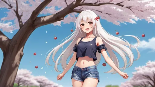 Prompt: Japanese anime girl, long white hair, dynamic personality appearance, funny anime drawings. Full body photo, she's having fun,
She was wearing short shorts and a crop top,standing under the cherry tree, drawing details