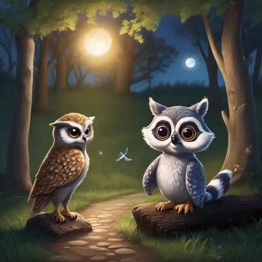 Prompt: Sparky's nocturnal journeys took him to places beyond the confines of his backyard. He explored hidden paths, secret gardens, and winding streams, his paws leaving imprints on the dewy grass. Along the way, he encountered a cast of unique and enchanting characters, from wise old owls to mischievous raccoons, forming unexpected friendships and unraveling mysteries that unfolded beneath the shimmering moonlight.