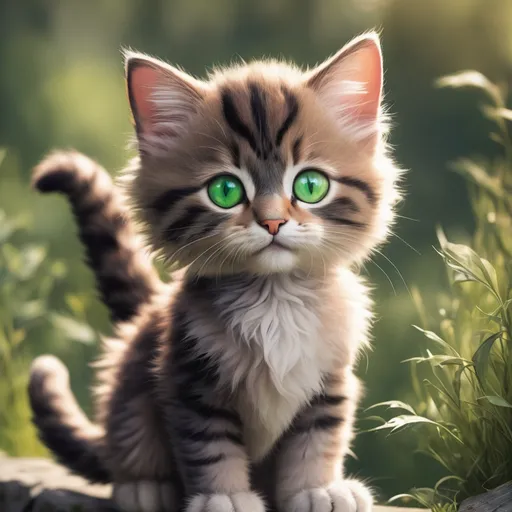 Prompt: In a small village nestled between rolling hills and winding streams, there lived a curious kitten named Mittens. Mittens was a fluffy ball of fur with bright green eyes that sparkled with wonder and a penchant for adventure that knew no bounds.
