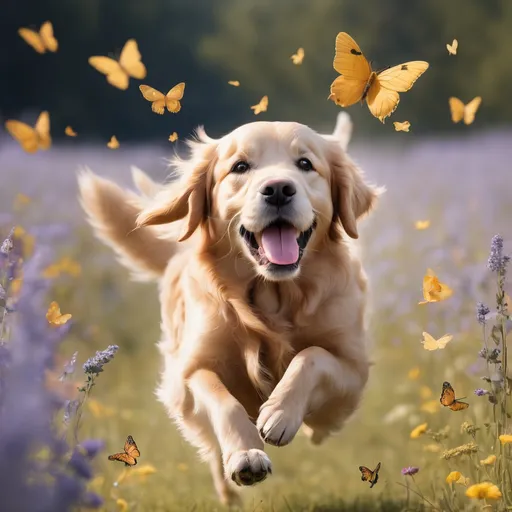 Prompt: a playful golden retriever chasing butterflies in a meadow