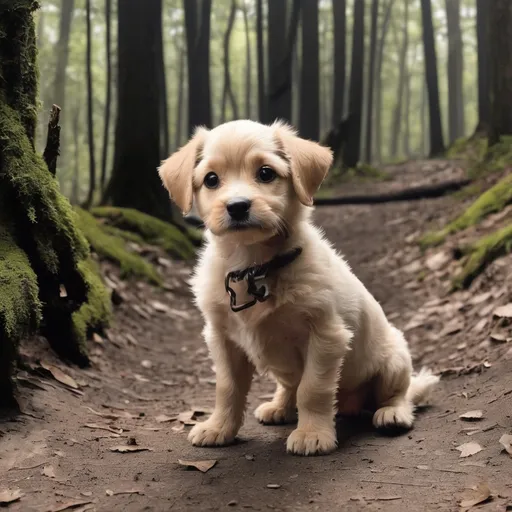Prompt: Buddy the small puppy dog wandered off into the woods and got lost
