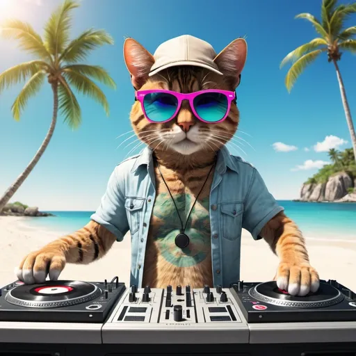 Prompt: cool cat dj with sunglasses mixing music on a dj mixing desk on a tropical island with beach and ocean