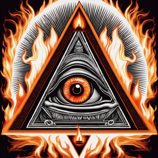Prompt: Illuminati triangle pyramid and eye with flames