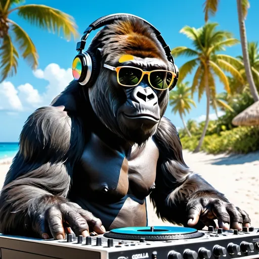 Prompt: cool gorilla dj with sunglasses mixing music on a dj mixing desk on a tropical island with beach and ocean