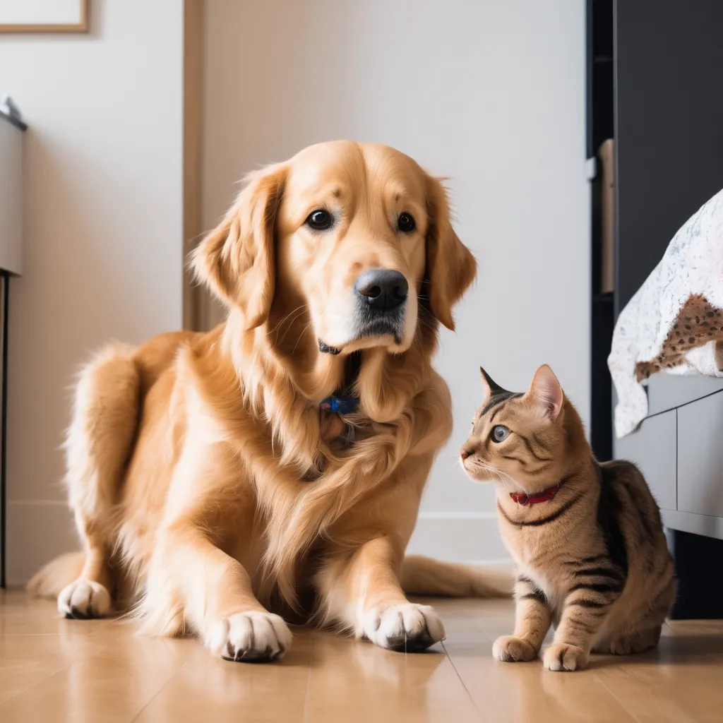 Prompt: a playful golden retriever named Max and a curious tabby cat named Luna