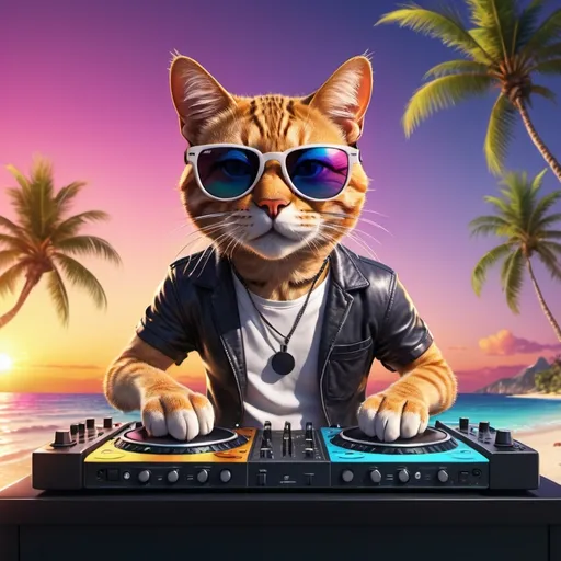 Prompt: cool cat dj with sunglasses mixing music on a dj mixing desk on a tropical island with beach and ocean