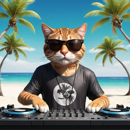 Prompt: cool cat dj with sunglasses mixing music on a dj mixing desk on a tropical island with beach and ocean