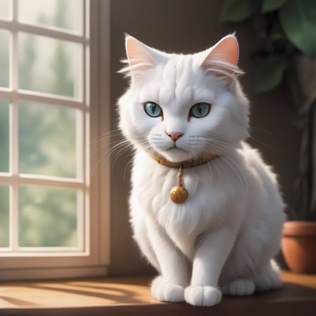 Prompt: fluffy white cat named Fluffy. With long whiskers that twitched with curiosity and a tail that swished with excitement at the thought of adventure, Fluffy was always eager to explore the world beyond her cozy home.