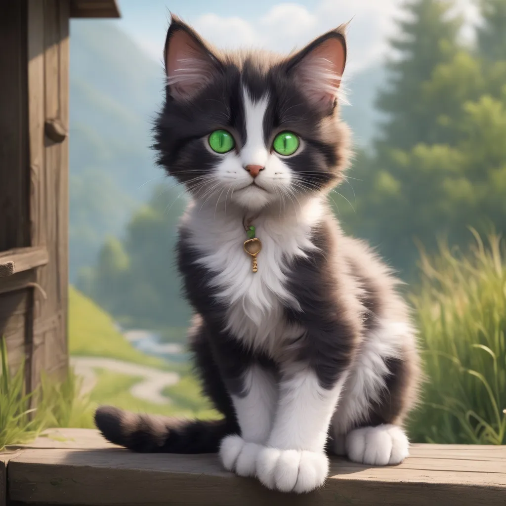 Prompt: In a small village nestled between rolling hills and winding streams, there lived a curious kitten named Mittens. Mittens was a fluffy ball of fur with bright green eyes that sparkled with wonder and a penchant for adventure that knew no bounds.
