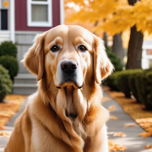Prompt: In the heart of a cozy neighborhood, nestled amidst blooming maple trees on Maple Street, stood a modest house. It was here that a golden retriever named Sparky resided, a faithful and beloved companion to the family that had welcomed him into their lives. 