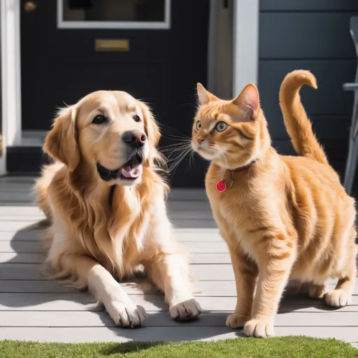 Prompt: a playful golden retriever named Max and a curious tabby cat named Luna