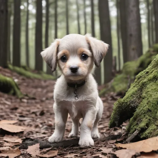 Prompt: Buddy the small puppy dog wandered off into the woods and got lost