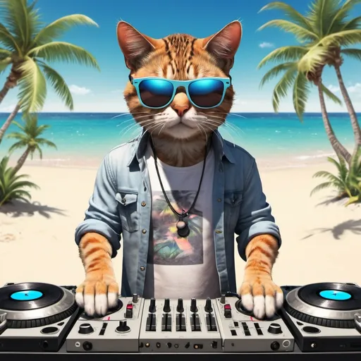 Prompt: cool cat dj with sunglasses mixing music on a dj mixing desk on a tropical island with beach and ocean